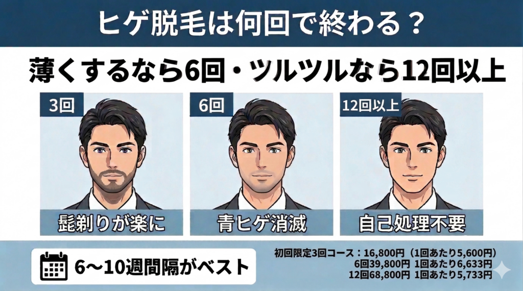 ヒゲ脱毛は何回で終わる？回数選びで失敗しないための効果・間隔・途中離脱ガイドアイキャッチ画像
